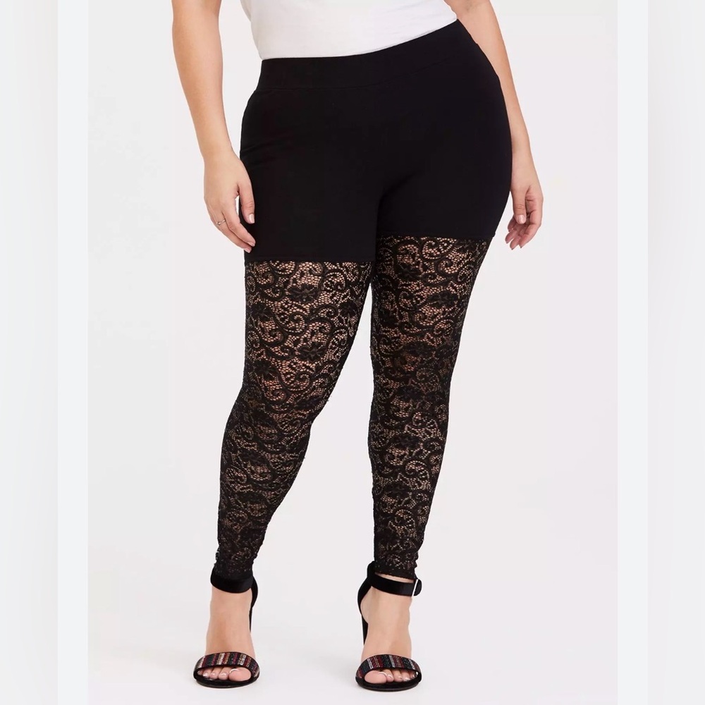 Torrid Size 1X Black High Waist Lace Sequin Leggings Semi-Sheer 27” Inseam